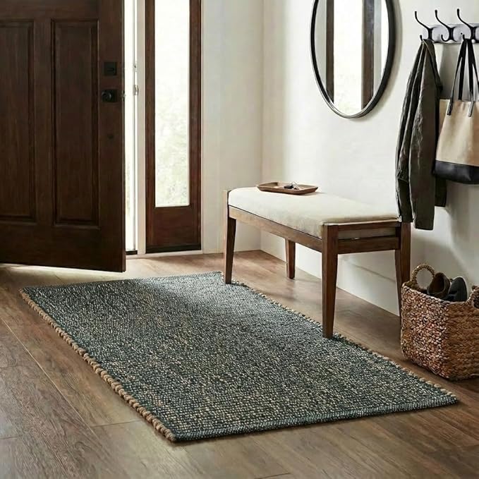 Green Jute & Cotton Braided Rug Runner 2' x 4' – Reversible Soft Accent Rug for Entryway, Kitchen, Bathroom