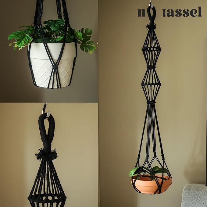 Hourglass Floating Macrame Plant Hangers 2 Pack Handmade Cotton Rope Hanging Planters Basket with S Hooks, Diamond Openwork Boho Home Decor for Indoor Outdoor, Plants Holder 35" & 39” (Black)