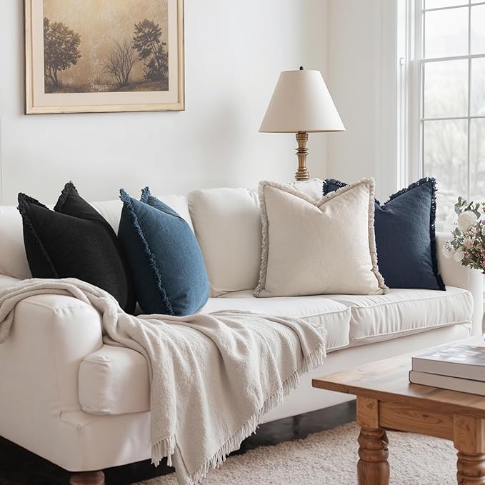 MIULEE Decorative Couch Pillow Covers Neutral Linen Fringe Throw Pillows Set of 4 Boho Farmhouse Cushion Modern Pillowcases for Bed Sofa Living Room Spring Home Decor 18x18 Inch Beige/Coastal Blue