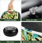 Outdoor/Indoor Inflatable Ottoman Pouf D20 xH9, All Weather Round Footstool with Foot Pump, Water Repellent Portable Footrest with Handle for Patio Garden Camping Travel-Tropical Green Leaves