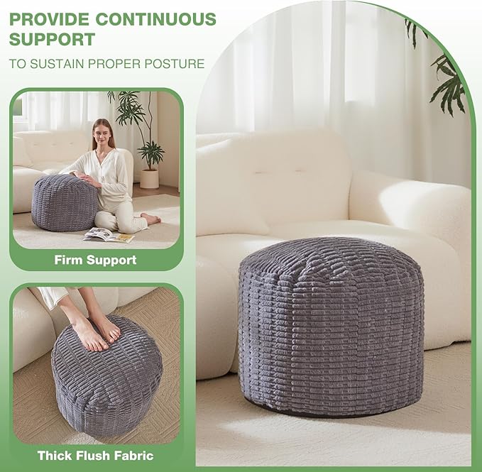 Round Stuffed Pouf, Corduroy Poufs with Foam Chunk Filling,20 X 15 Inches Floor Poufs Foot Rest for Living Room