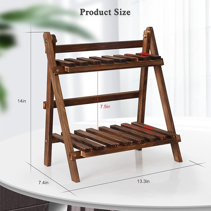 2 Tier Tabletop Plant Stand Step Style Desktop Storage Organizer Wood Display Shelf Decorative Storage Rack, Foldable Small Plant Shelf