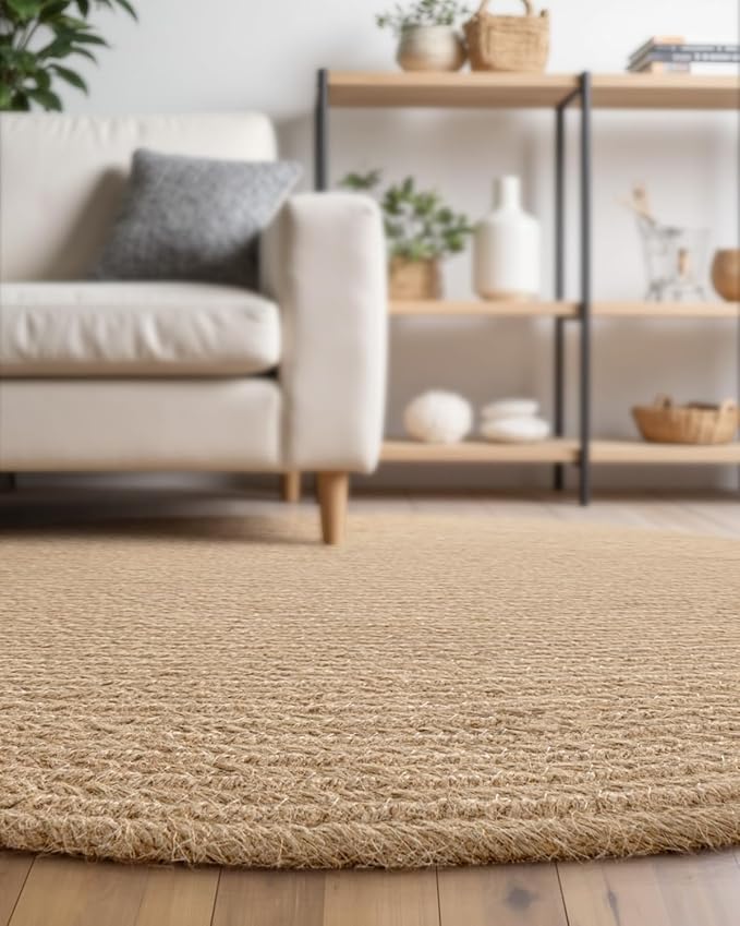 DEXI Round Jute Rug Natural Fiber 6x6, Braided Woven Area Rugs No Shed, Large Soft Neutral Rustic Carpet Mat for Indoor Outdoor Patio Dining Living Room Bedroom Farmhouse, 6ft, Beige