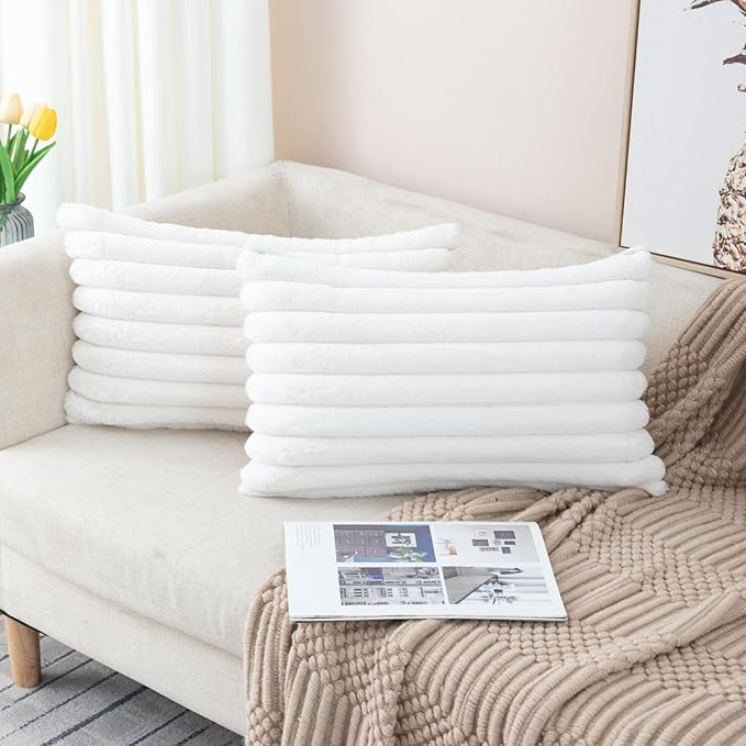 ZLINA Set of 2 Cream White Faux Fur Decorative Throw Pillow Covers Fluffy Striped Pillowcase Cushion Covers 12 x 20 Inch Decor Sofa Couch Bedroom