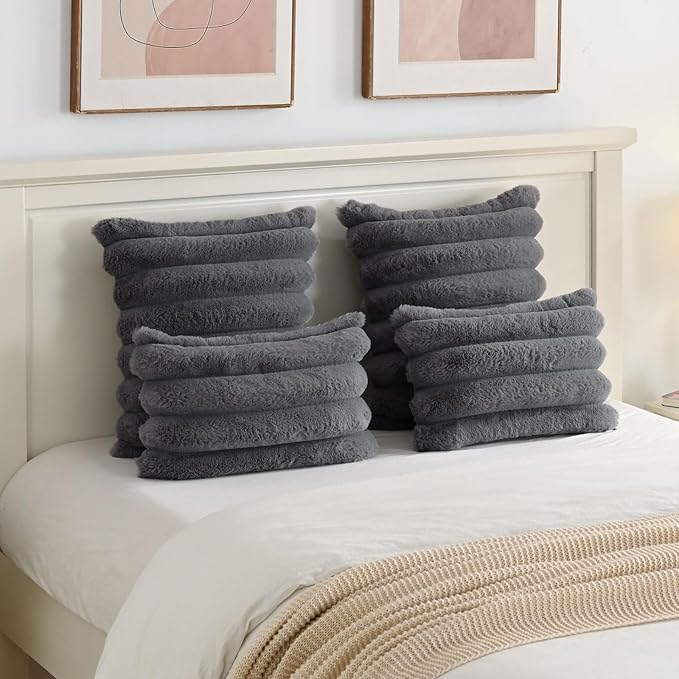 FUTEI Dark Grey Decorative Throw Pillow Covers 12x20 Inch Set of 2, Square Soft Faux Rabbit Fur Big Striped Cushion Cover,Home Decor for Couch Sofa Bed Living Room