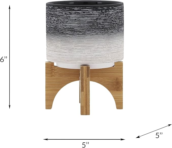 Modern Ceramic Planter with Wooden Stand – Stoneware Plant Pot Holder, Stylish Indoor & Outdoor Home Decor for Living Room, Bedroom, Office, or Garden, Plant Stand Indoor – 6", Gray & White
