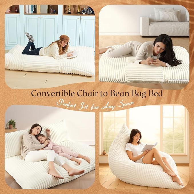 Honeydak 3 in 1 Giant Bean Bag Chair Cover Only (No Filler) Convertible Bean Bag Lazy Floor Sofa Cover Without Filling Washable Multifunctional Stuffed Animal Storage for Bedroom Living Room