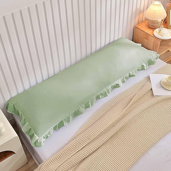 Nanko Body Pillow Case Cover 1 Pack 20x54, Sage Green Ruffled Boho Soft Shabby Chic Microfiber Long Decorative Pillow Covers/Pillow Shams, Comfortable Body Pillowcase for Women Men