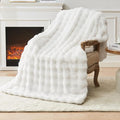 EMME Faux Fur Blanket Queen Size White - Big Bubble Rabbit Cozy Blanket for Couch, Thick Furry Plush Shaggy Blankets, 650GSM, 90x90 Inches
