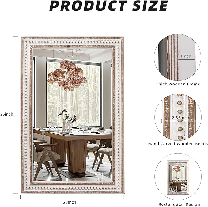 Rectangle Mirror Wooden Bathroom Mirrors - 35x23'' Boho Rectangular Mirrors for Wall Rustic Farmhouse Decorative Mirrors for Bedroom, Living Room, Entryway - Vertical or Horizontal Hanging
