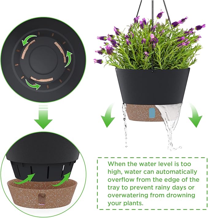 SOSMAR 2 Pack Hanging Planters, 10 Inch Hanging Pots with Visible Water Level, 6 Pcs Hooks, Decorative Flower Pot Holder with Drainage for Indoor Outdoor Use