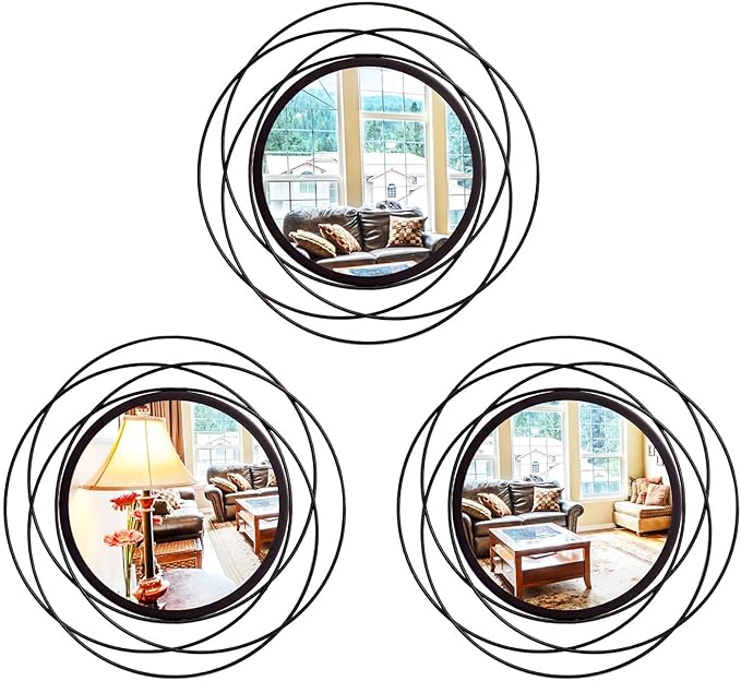 3 Set 9.5 Inch Black Circle Mirrors Wall Decor Iron Frame Wire Mirror Metal Circular Mirror Home Decor Hanging Mirrors for Room/Bedroom/Bathroom/Entryway