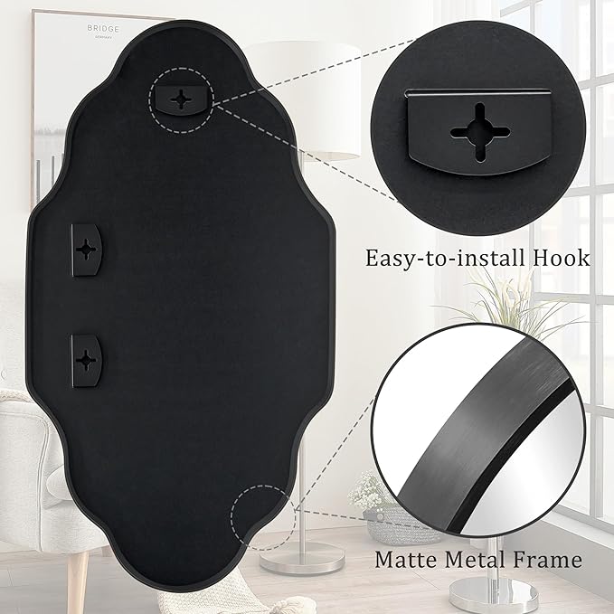 Scalloped Mirror for Bathroom - 26"x46" Black Bathroom Mirror with Aviation Aluminum Alloy Frame & Shatter-Proof Glass for Living Room Bedroom Entryway, Brushed Black Frame(x1)