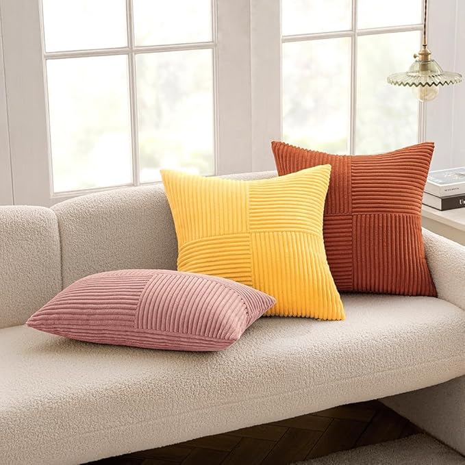 MIULEE Yellow Decorative Throw Pillow Covers 20x20 Inch for Couch Bed Sofa Pack of 2 Boho Farmhouse Throw Pillows Soft Cross Corduroy Patchwork Textured Cushion Cases