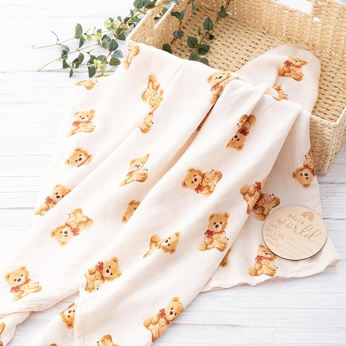 BabyWhale Muslin Swaddle Blanket with Hat and Headband Bow, Bear Pattern Swaddle Set for Baby Boys ＆ Girls, Newborn Breathable Receiving Blanket Wrap, Large 47x47 inches
