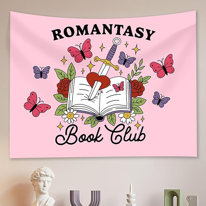 Romantasy Book Club Tapestry - Fantasy Books Library Tapestries, Pink Magical Document Tapestrys, Cute Aesthetic Fairy Tapestries Wall Hanging, Beach Throws Table Cloth Bedding Tapestry - 50 x 60 Inches