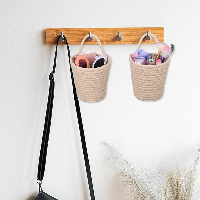 4 Pack Hanging Woven Basket, Small Hanging Basket for Wall, Boho Style Cotton Rope Storage Organizer, Woven Wall Baskets for Home Decor (Beige, 5.5" x 5.5")