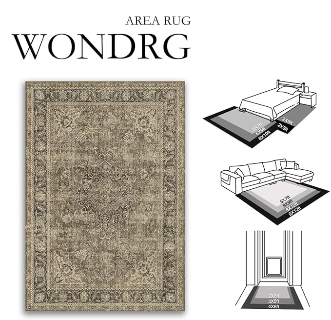2x5 Washable Brown Runner Rug Vintage Hallway Kitchen Carpet Non-Slip Soft Low Pile Distressed Throw Rug for Bedroom Bathroom Laundry Living Room