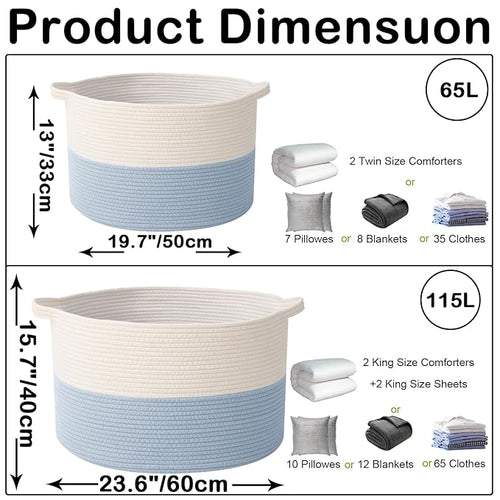 115L Large Blanket Basket,23.6" L x 23.6" W x 15.7" H Rope Woven Baskets with Handles, Toys Storage Bins,Laundry Basket Perfect for Living Room, Nursery,Bedroom,Home Organization,White&Blue