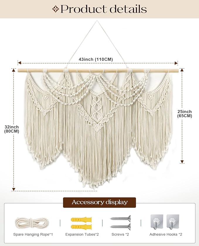 Tempospark Large Macrame Wall Hanging, 43" Wx32 L Boho Wall Hangings for Living Room Bedroom Nursery, Boho Chic Large Macrame Tapestry for Bedroom Wall Decor (Tassel)