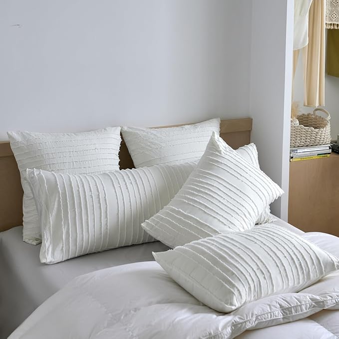 Standard Pillow Shams 2 Pack, Standard Size Pillowcases, Soft Microfiber Geometric Striped Tufted Pillow Covers with Envelope Closure, Ivory, 20x26 Inches