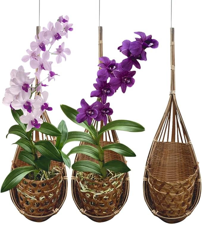 Handmade 100% Thai Bamboo Hanging Orchid Basket – 4 Inch Set of 3 – Easter Gift Idea & Spring Seasonal Decoration