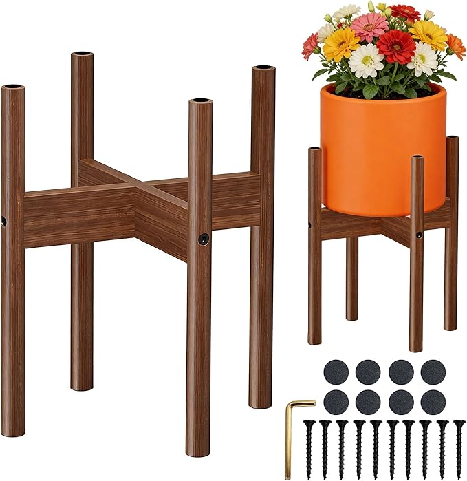 ALIGADO 2 Pack Bamboo Plant Stands Indoor, for Up to 12 Inch Pots, Built to Fit Corners, Sturdy & Stable Design, Walnut Finish