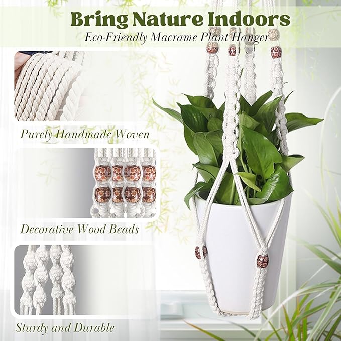 Flexzion 2 Pack White Macrame Plant Holder - 35 Inch Pot Hangers for Plants with C & S Hooks, Indoor Hanging Plant Holder with Woven Cotton Rope for Home Decor (Plant Pot Not Included)