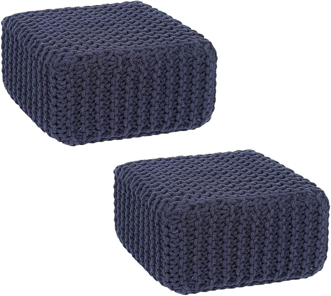 REDEARTH · Cube Low Pouf Foot Stool Ottoman - Hand Knitted Poof - Cord Boho Pouffe - Home Décor - Stuffed Footrest for Living Room - Nursery - Bedroom - Patio (16" x 16" x 8") - Navy Blue, Set of 2
