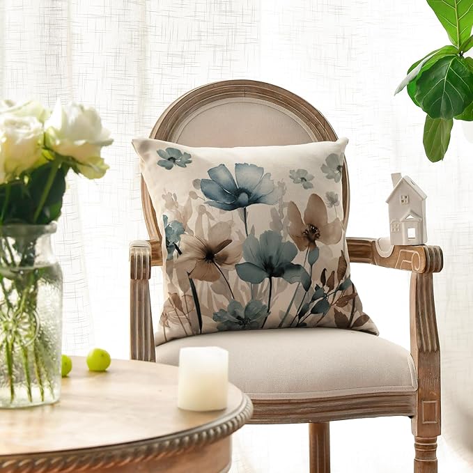 AVOIN colorlife Poppy Flowers Chinoiserie Throw Pillow Covers, 18 x 18 Inch Blue Brown Seasonal Leaves Cushion Case Decoration for Sofa Couch Set of 2