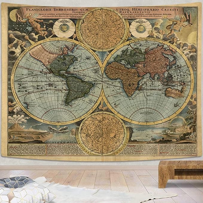 Vintage World Map Tapestry, Antique Old Nautical Map of the World Wall Art, Historical Atlas Geography Retro Wanderlust Pirate Tapestry Wall Hanging for Bedroom Living Room Dorm, 60X40in, Brown Tan