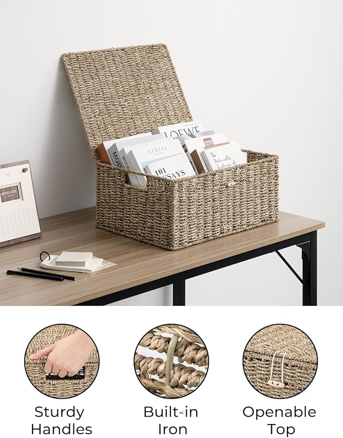 StorageWorks Seagrass Wicker Baskets for Organizing, Large Wicker Basket with Lid, Decorative Basket with Built-in Handles, Storage Baskets for Shelves, 1 Pack