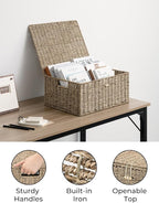 StorageWorks Seagrass Wicker Baskets for Organizing, Large Wicker Basket with Lid, Decorative Basket with Built-in Handles, Storage Baskets for Shelves, 1 Pack
