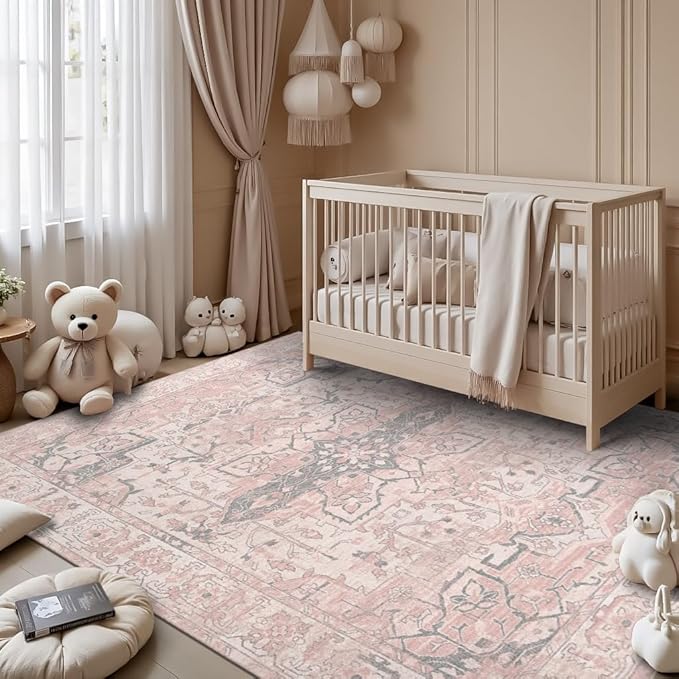 Pink Rug for Living Room Bedroom, 5x7 Washable Area Rugs, Cute Boho Style, Non Slip & Low Pile Faux Wool Carpet for Indoor Nursery Room, Classroom Dorm, Kids Room and Dining Room(Pink 5x7ft)