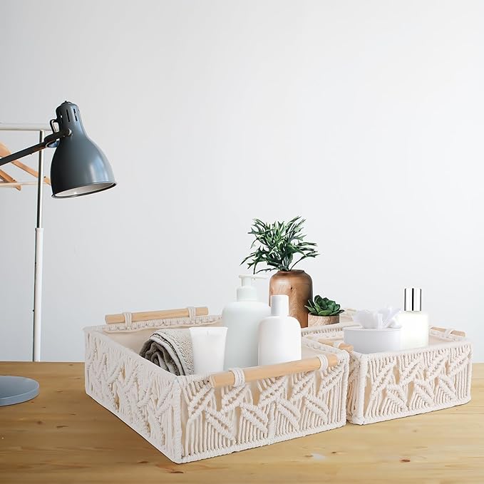 ANMINY 3PCS Macrame Storage Baskets for Organizing Boho Decor Baskets Storage Bins with Wood Handles Handmade Decorative Storage Boxes Desk Toilet Tank Bathroom Self Basket Organizer - Leaves