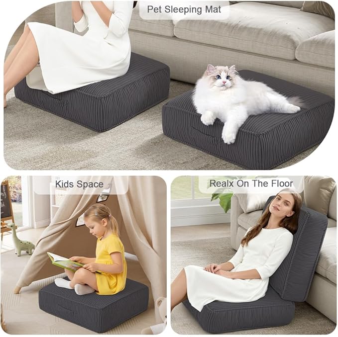 Floor Pillow for Adults Set of 2, 8" Square Floor Cushions with Washable Cover, Large Corduroy Meditation Pillow, 24 inches Tatami Seat with Handle for Living Room or Yoga, Dark Grey