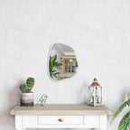 White Irregular Bathroom Mirror Modern Oval Wall Mirror Asymmetrical Wooden Framed Wall Mirror Unique Shape Wall Mounted Vanity Artistic Mirror Decor for Living Room Bedroom Entryway Small 14"x10"