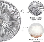 HIG Set of 2 Handcrafted Silver Ruched Round Throw Pillows – 14.5’’ Metallic Leather Decorative Pillows with Soft Polyester Filling for Couch, Bed, Living Room, Bedroom, or Dorm