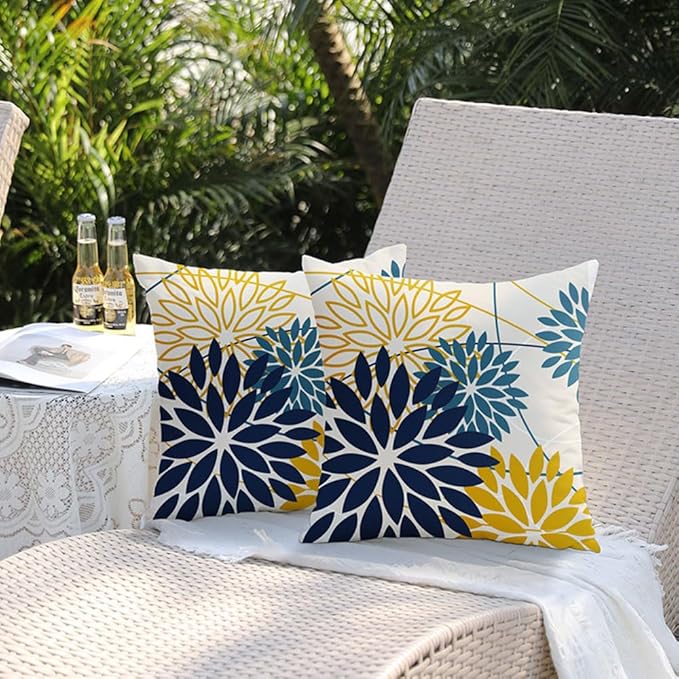 DFXSZ Blue Yellow Flower Pillow Covers 18x18 Inch Set of 2 Outdoor Throw Pillows Outdoor Waterproof Decor for Living Room Sofa Patio Funiture Garden Floral Polyester Pillow Covers 01P18