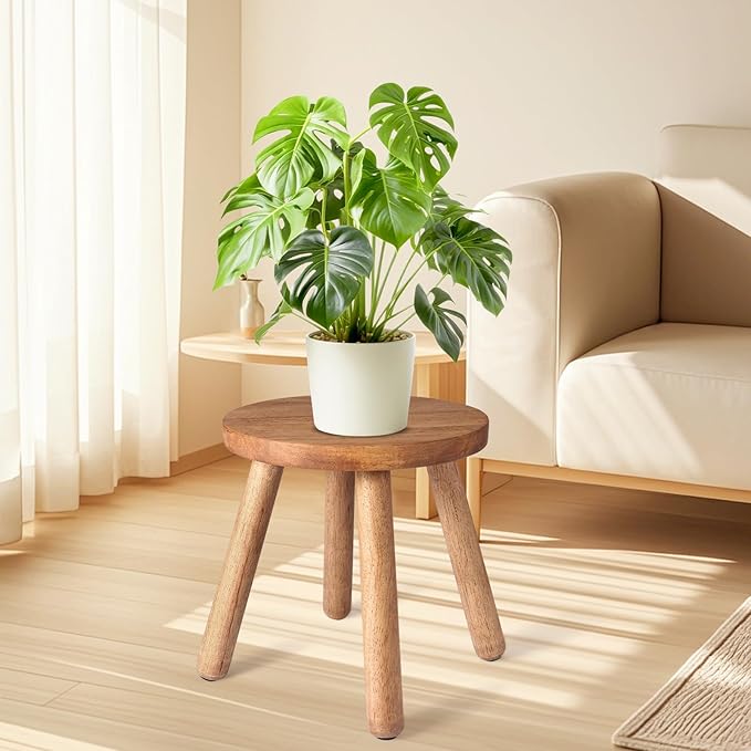 Round Solid Wooden Step Stool, 9.3''H Non-Slip Indoor Plant Stand, Portable & Sturdy Wooden Plants Stand, Gardening Display Footstool for Decor Living Room Patio -Walnut