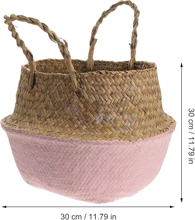 HANABASS Woven Seagrass Flower Basket with Handle 27cm Diameter Foldable Plant Pot Indoor Garden Decor Boho Style Patio Planter