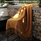 Ultra Soft Cozy Sherpa Throw Blanket, Light Weight Warm Decorative Throw Blanket with Tassel, Mustand Yellow Pattern Reversible Boho Style Blanket for Sofa, Couch, Bedroom,Travel, 50”x60”