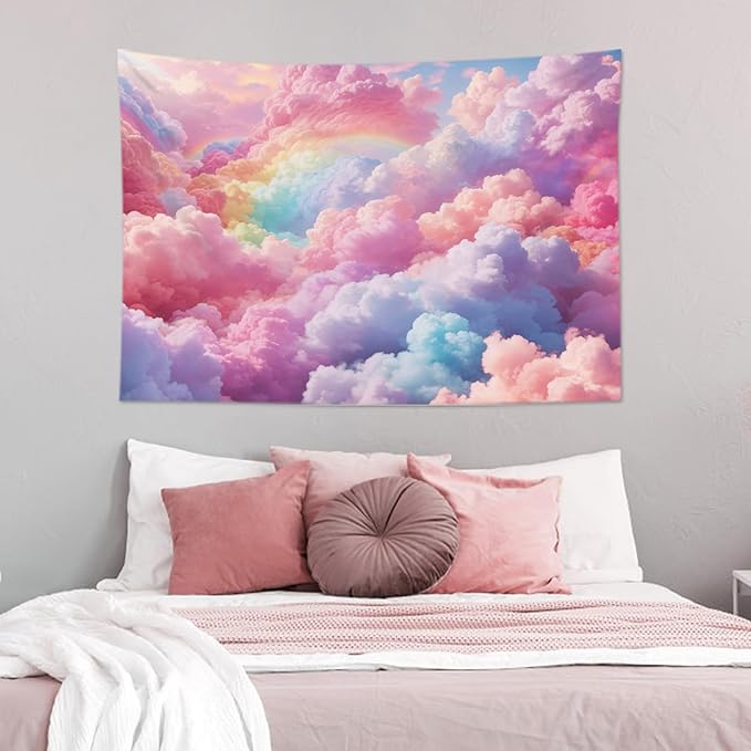 LB Aesthetic Cloud Tapestry Wall Hanging - Pastel Rainbow Sky Nature Wall Art 48"x36", Boho Pink Bedroom Decor for Dorm Living Room