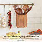 Hanging Wall Basket, Woven Imitation Rattan Storage Organizer, Decorative Door Basket, Plastic Kitchen Wicker Basket for Fruits, Vegetables, Flowers, Sundries