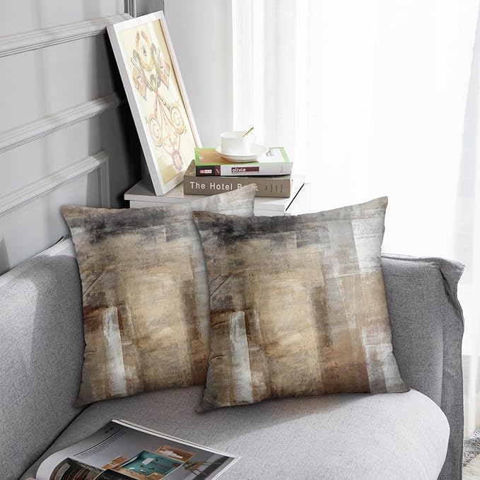 Britimes Throw Pillow Covers Modern Home Art Decor, 18 x 18 Inches Set of 2 Pillow Cases Decorative, Abstract Oil Painting Pillowcases for Bedroom, Living Room, Taupe Tan Grey Brown Beige