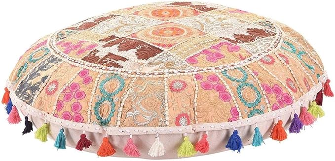 Indian Handmade Patchwork Codework White Round Pouf Cover Ottoman Floor Pillow Cushion Seating Throw Decorative Pom Pom Pillow Cases Bohemian 32 Inches