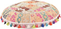Indian Handmade Patchwork Codework White Round Pouf Cover Ottoman Floor Pillow Cushion Seating Throw Decorative Pom Pom Pillow Cases Bohemian 32 Inches