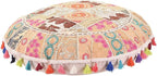 Indian Handmade Patchwork Codework White Round Pouf Cover Ottoman Floor Pillow Cushion Seating Throw Decorative Pom Pom Pillow Cases Bohemian 32 Inches