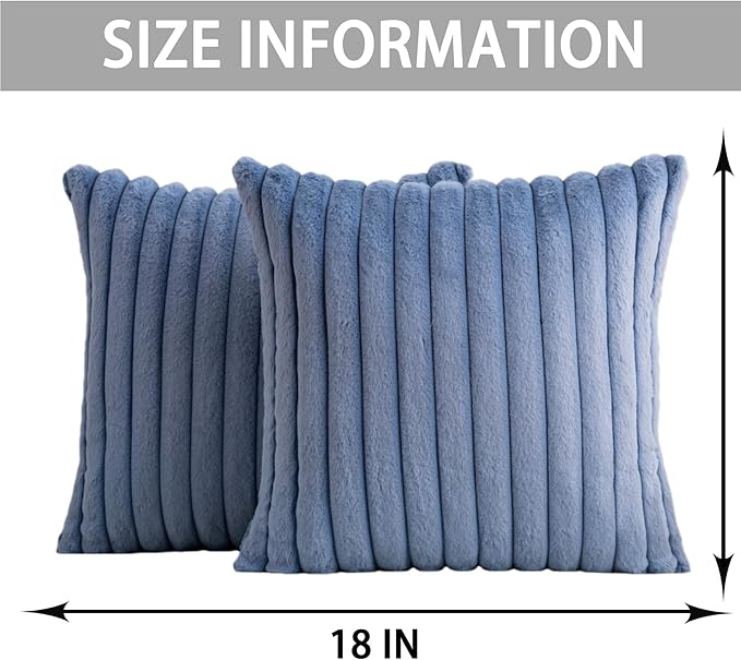Pack of 2 Faux Fur Christmas Throw Pillow Covers 18x18 Inch, Soft Plush Striped Neutral Couch Pillow Cover, with Velvet Back Modern Home Decor for Sofa Living Room Couch Bed Blue
