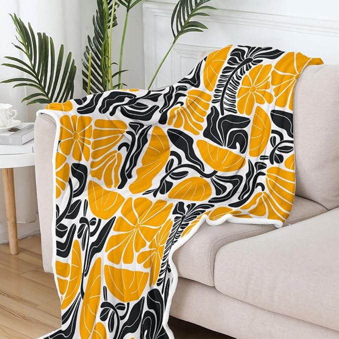 Boho Abstract Colorful Floral Throw Blanket, Vintage Retro Patchwork White Orange Black Flower Botanical Geometric Aesthetic Groovy Flannel Throw Blanket for Chair Bed Sofa Couch, 60X70IN